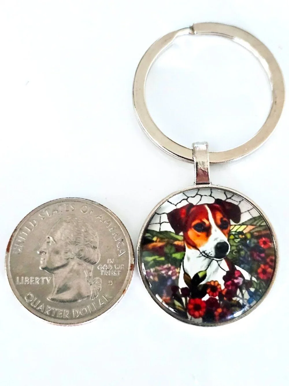 Jack Russell Terrier Keychain Glass Cabochon Floral Dog Lover Silver Tone Gift